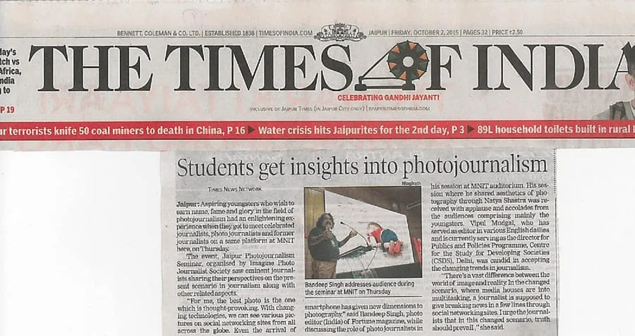 Newspaper clipping: The Times of India, ‘Students get insights into photojournalism’